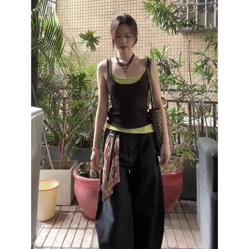 plus size chubby girl American Retro Fake Two-piece I-shaped Camisole Women's Summer Design Sense Inner Wearing Sleeveless Top