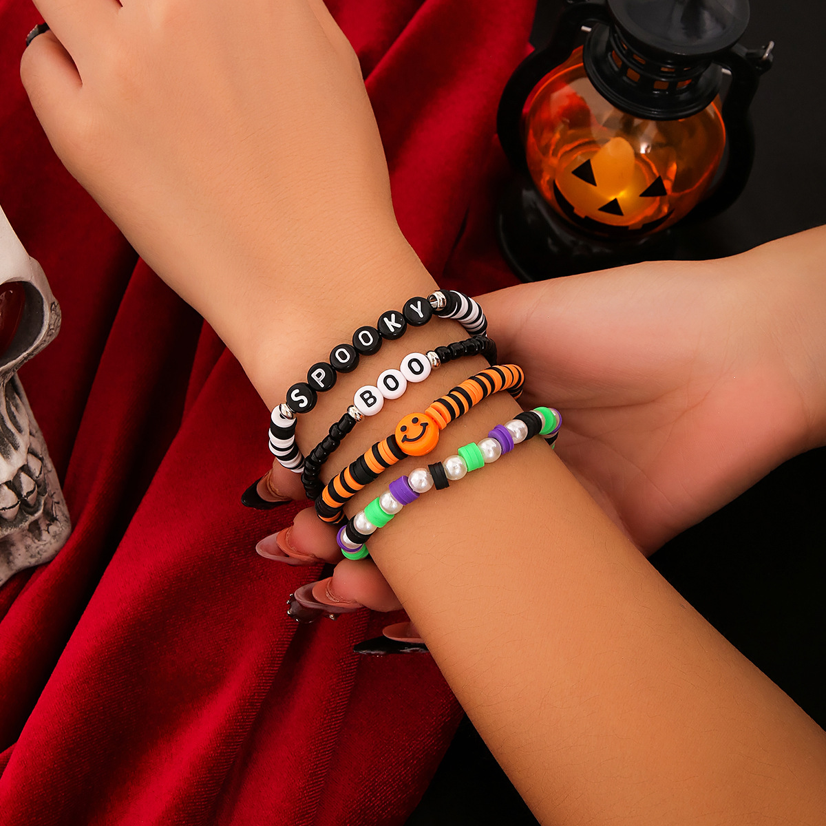 Bracelet de citrouille en perles d'Halloween, ensemble de bijoux de vacances en poterie souple, bracelet en dopamine élastique_voghion.com