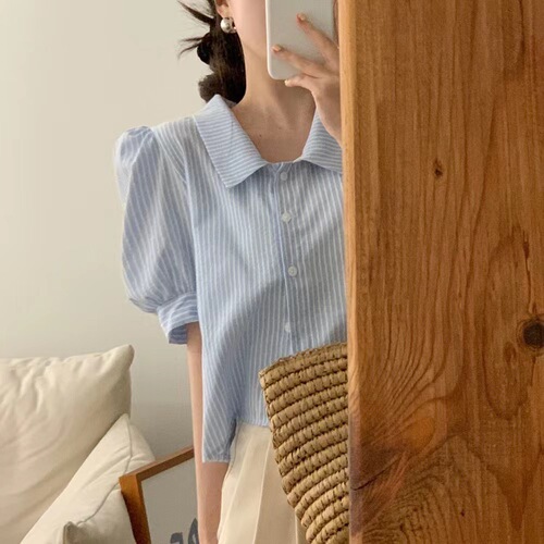 Women's Short Sleeve Plaid Button-Down Collar Shirt from Korean Instagram
