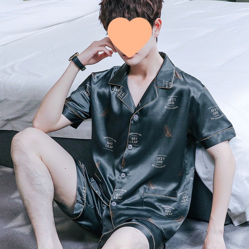 Pijama de hombre verano seda de hielo ropa casera de manga corta pantalones cortos de verano se puede usar fuera de un hombre grande conjunto