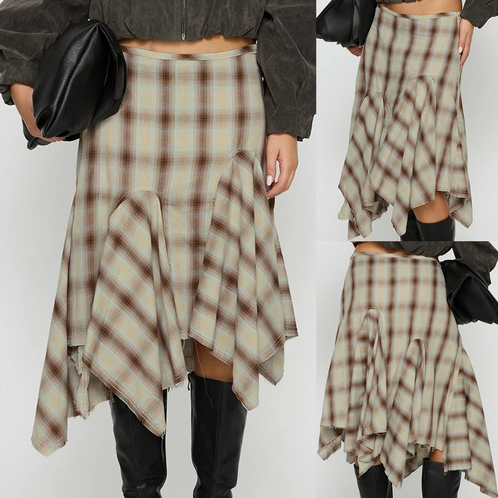 Amazon's New Plaid Skirt Mid-Length High-Waist Spliced ​​Hem Asymmetrical Skirt [1151 # ]