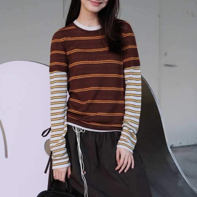 26 Autumn/Winter New Fashionable Color-Block Sleeve Fake Two-Piece Knitted Long-Sleeve Women's Round Neck Striped Wool Knitted Base Shirt Trendy