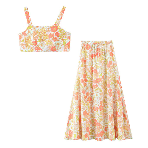 American and European Women's Fashion 2025 Summer Chiffon Digital Print Top and Skirt Set