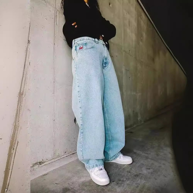 国境を越えたアメリカのヒップホップスケートボードjeans王一博と同じゆるいストレートジーンズの広い足のカジュアルなファッションパンツ|undefined