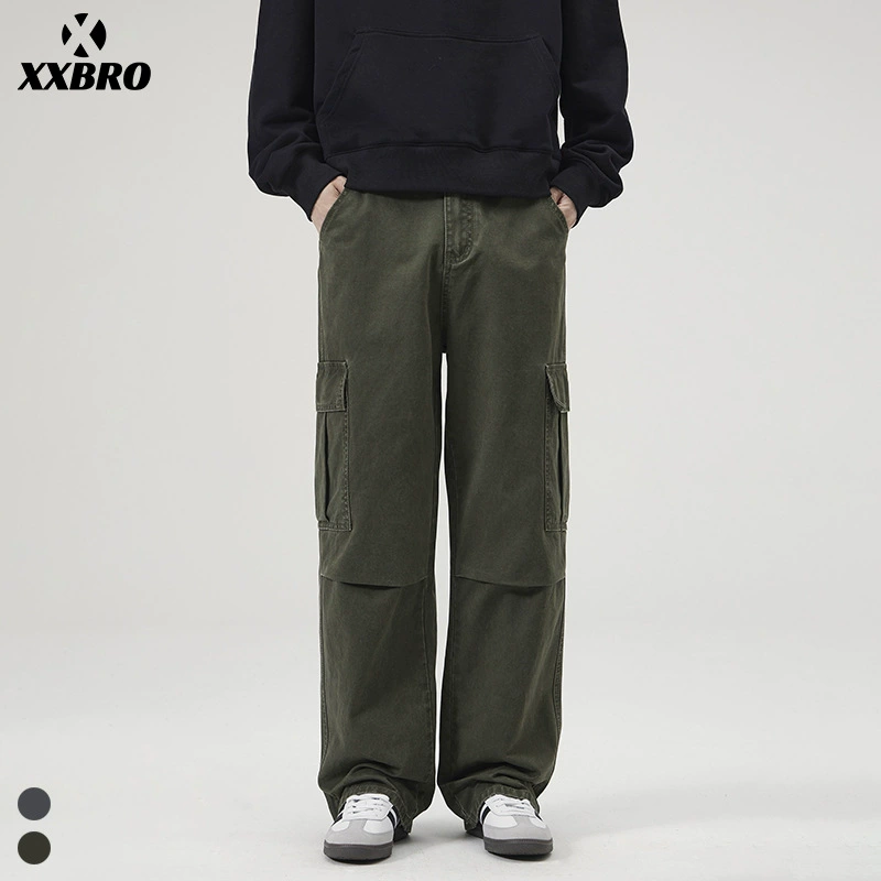 Xxbro мужская одежда # американский прилив каменная мельница свободные широкие брюки прямые хлопчатобумажные десантники зеленые джинсы для мужчин