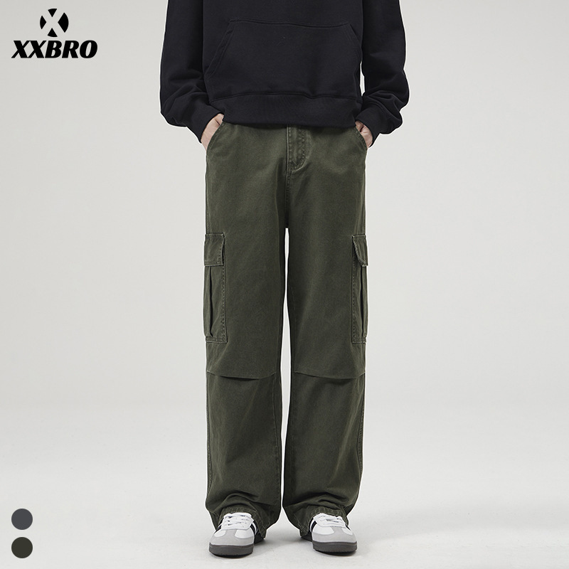 Muxi Clothing # American-Style Trendy Brand Stone-Washed Loose Wide-Leg Straight Pure Cotton Parachute Green Workwear Jeans for Men.