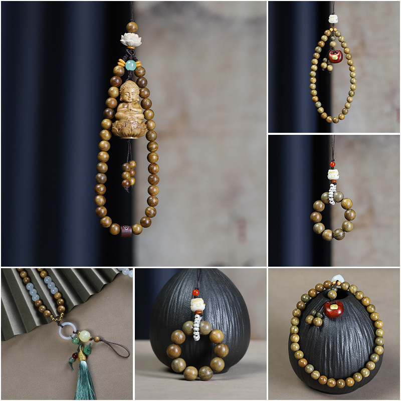 Hongyi Green Sandalwood Mobile Phone Chain for Men and Women, Wrist Lanyard, Long and Short Retro Buddha Beads Hand-Held Pendant Hanging Chain