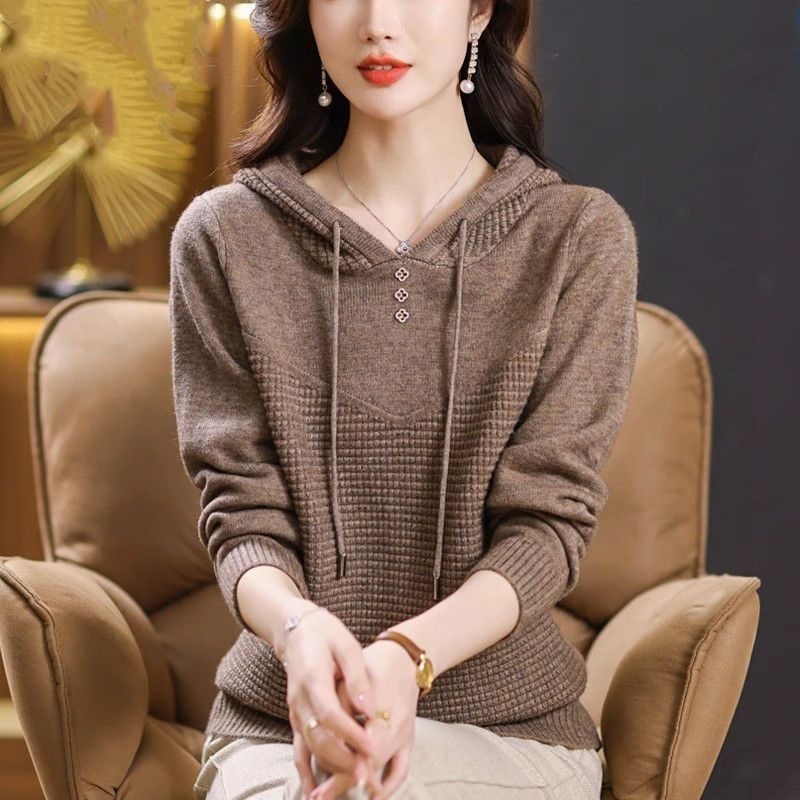 秋冬妈妈装连帽针织毛衣新款宽松遮肚子显瘦时尚连帽卫衣春秋外穿