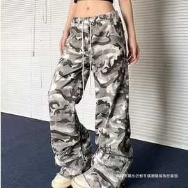美式复古迷彩牛仔裤复古个性街头ins宽松设计感百搭直筒拖地长裤