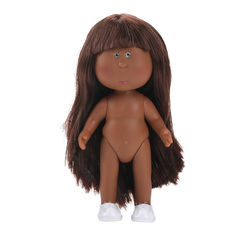 Black skin, brown flowing hair, straight hair