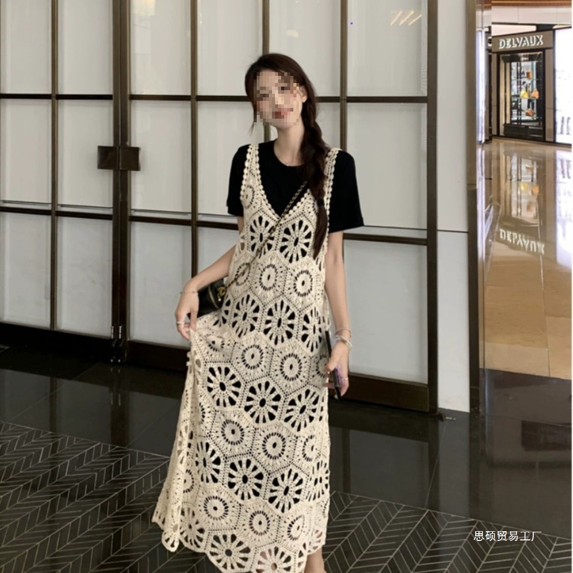 Корейский костюм для женщин: летнее кружевное ажурное платье-камзол с короткими рукавами, многослойное платье-рубашка, комплект из двух предметов для женщин