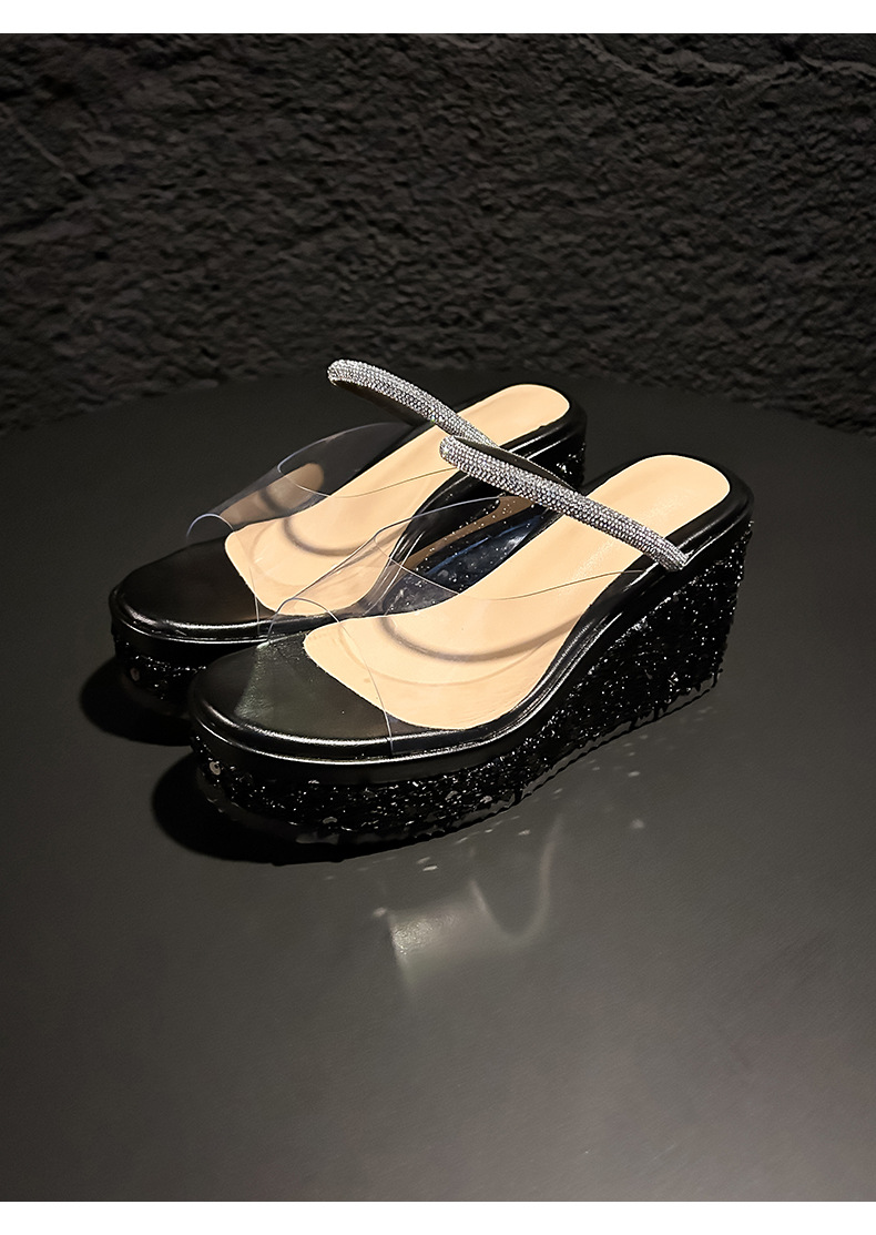 Sandal cao gót nữ hở mũi đế xuồng gót 10 cm phối sequin lấp lánh — màu đen, bạc chi tiết 16