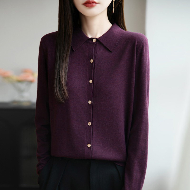 POLO领精纺羊毛针织开衫女秋冬新款衬衣领叠穿翻领打底衫上衣批发|undefined