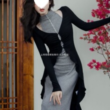 早秋性感时尚高级感灰色针织包臀连衣裙黑色针织开衫女两件套