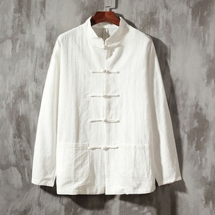 Spring and Autumn New Chinese Style Retro Men's Chinese Style Linen Shirt Men's Long Sleeve Cotton and Linen Buckle Shirt with Vertical Collar Tang Dress
