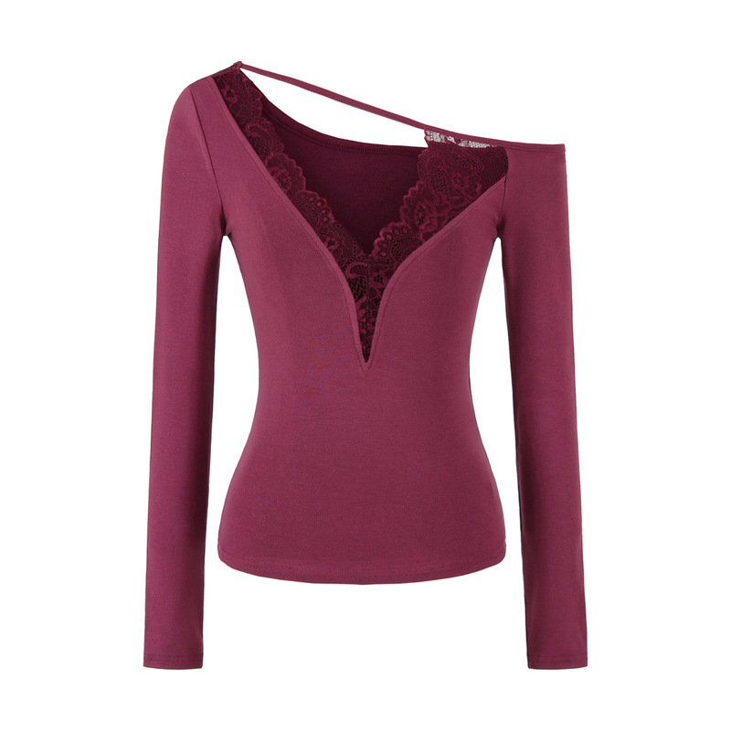Pink Lace Patchwork One-Shoulder Long-Sleeve T-Shirt for Women, Suitable as a Base Layer, New Spring Style Slim-Fit Off-Shoulder Top Pink Lace Patchwork One-Shoulder Long-Sleeve T-Shirt for Women, Suitable as a Base Layer, New Spring Style Slim-Fit Off-Shoulder Top