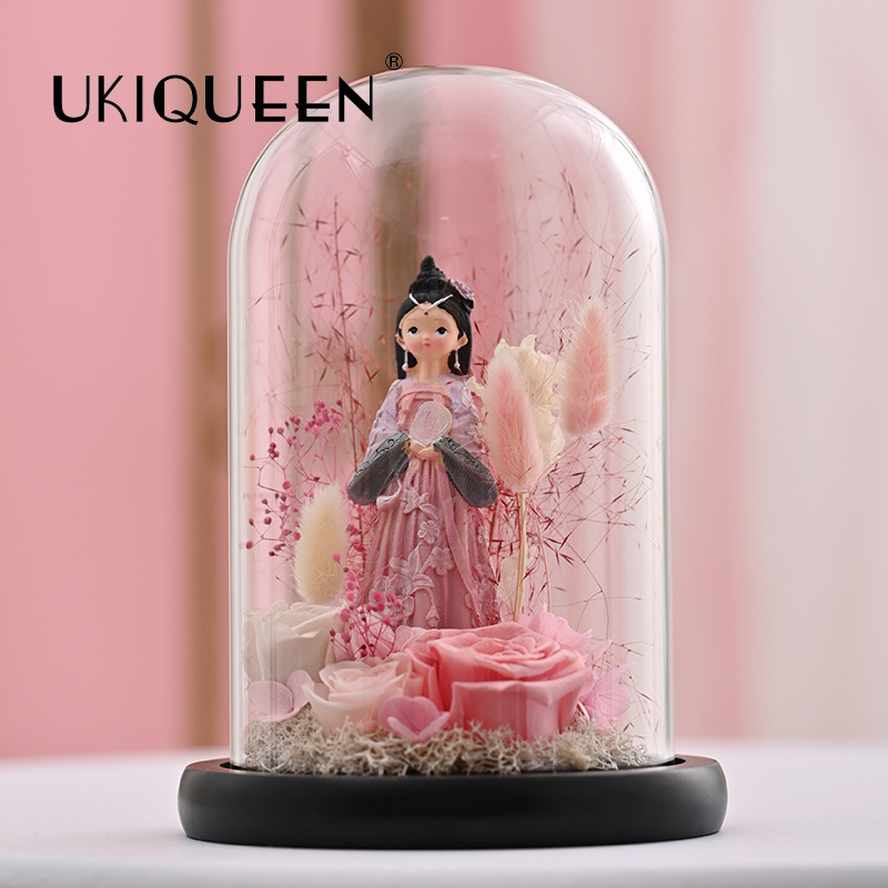 Viento chino eterno flor rosa muñeca cubierta de vidrio día del maestro regalo de cumpleaños para maestros y niños decoración de alta calidad