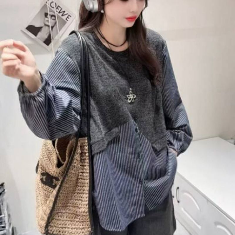 厂家直销欧洲站25秋欧货设计感针织拼接假两件长袖格子衬衫上衣女|undefined