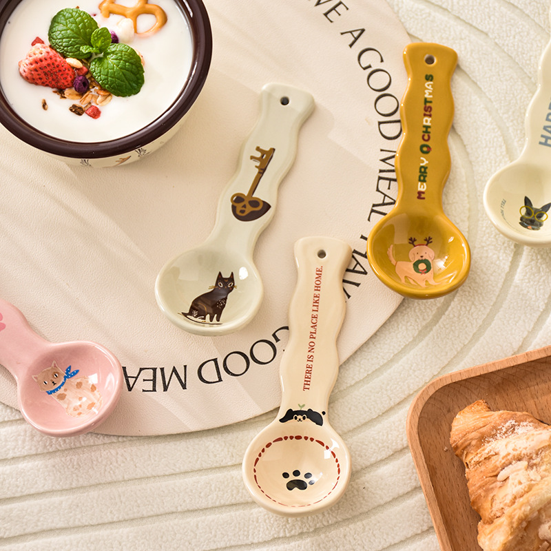 고급스러운 세라믹 컵과 스푼, 가정용 작은 스푼, 창의적인 만화 귀여운 디저트 스푼, 교반 스푼, 어린이 식기
