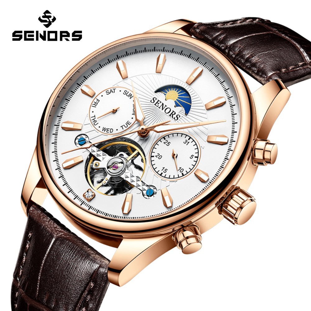 赛娜斯SENO日月星辰男士机械表防水双日历皮带手表厂家直销