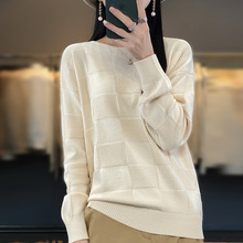 纯棉微宽松针织毛衣女复古立体格子肌理感圆领显瘦针织衫纯色打底