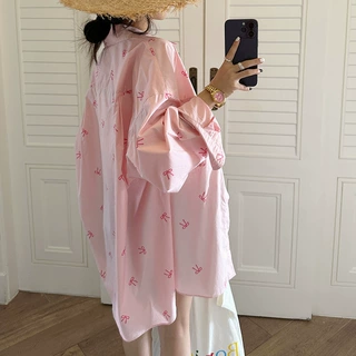 韩系粉色蝴蝶结印花衬衫女春夏休闲长袖防晒宽松开衫薄外套上衣批