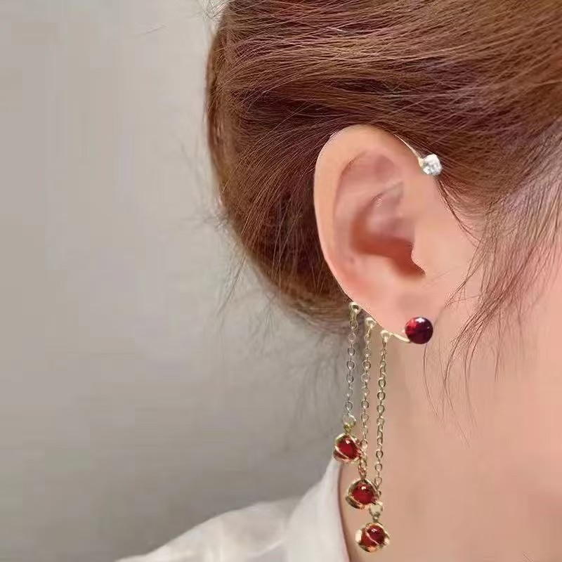 Non-Pierced Ear Clip Ear Hook 2025 New Style Forest Handmade Minimalist Cat's Eye Stone Tassel Non-Pierced Ear Hook