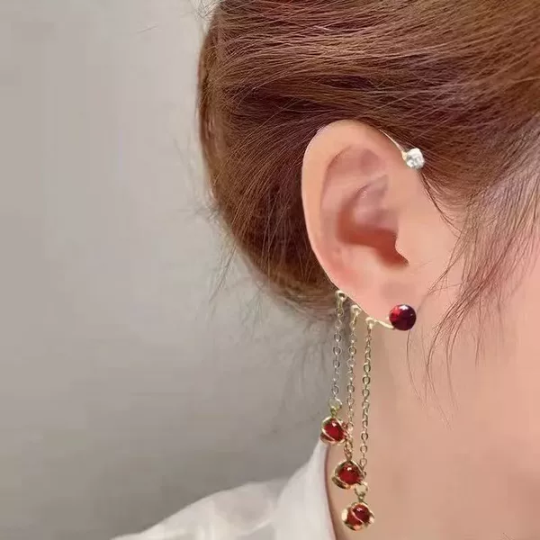 Non-Pierced Ear Clip Ear Hook 2025 New Style Forest Handmade Minimalist Cat's Eye Stone Tassel Non-Pierced Ear Hook