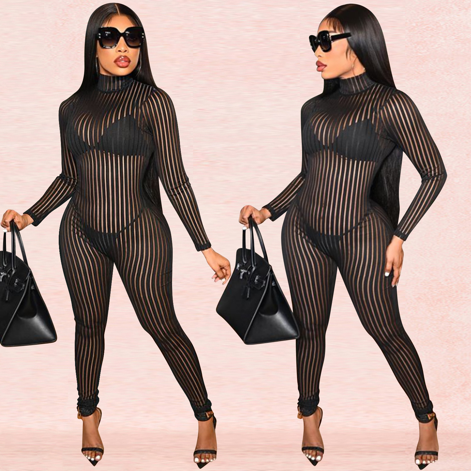 C5345 nuevos productos transfronterizos Aliexpress Amazonas perspectiva sexy ropa de mujer estriada pantalones de manga larga