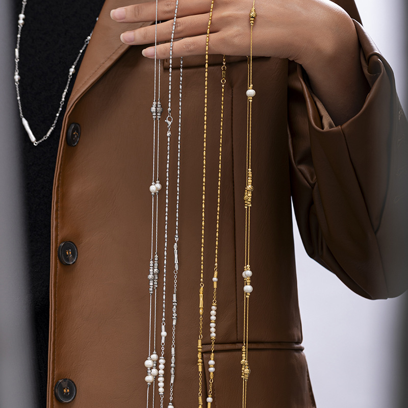 Acero inoxidable transfronterizo retro collar de perlas de bambú universal estilo simple nicho personalidad temperamento suéter cadena mujer