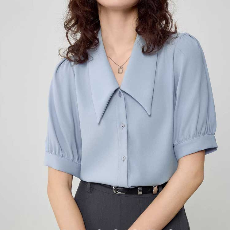 Áo sơ mi nữ cổ nhọn tay ngắn chất liệu chiffon phong cách Pháp — màu đen, xanh lam, màu trắng