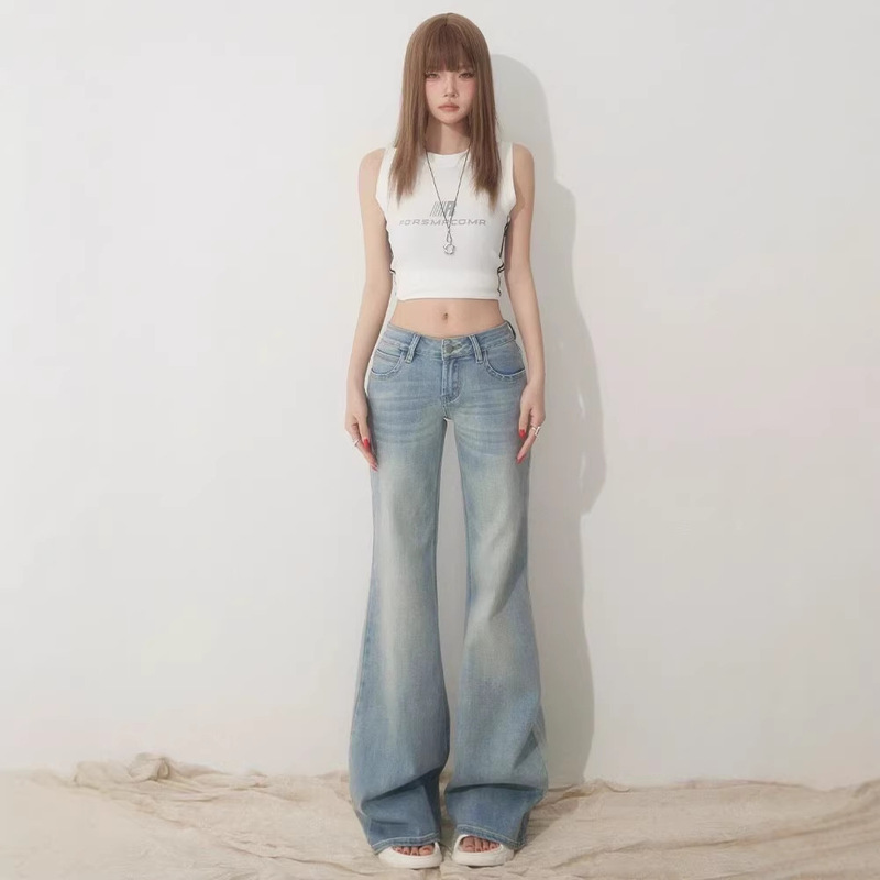 Light Blue Low-Waist Flared Jeans for Women, Spring and Summer Straight-Leg Bell-Bottom Pants, Loose Wide-Leg Pants for Petite Women