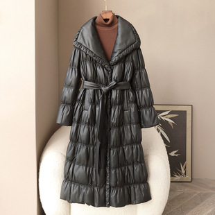 Live broadcast supply spring new women's sheepskin long leather coat 2024 Haining 90 white goose down coat