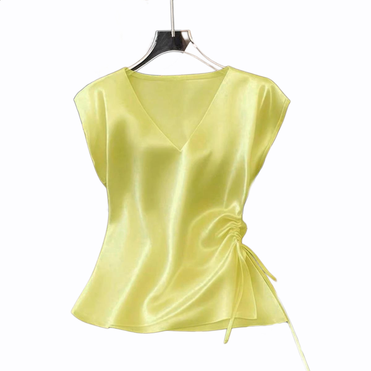Damenbekleidung: Satinbluse mit V-Ausschnitt, Sommertop mit Kordelzug, Frühling/Winter, für formelle und legere Anlässe._voghion.com