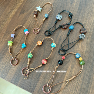 Retro Autumn and Winter Knotted Rope Beaded Lanyard Wooden Beads Mobile Phone Chain Sweater Chain Decorative Chain Anti-Lost Hemp Rope Keychain