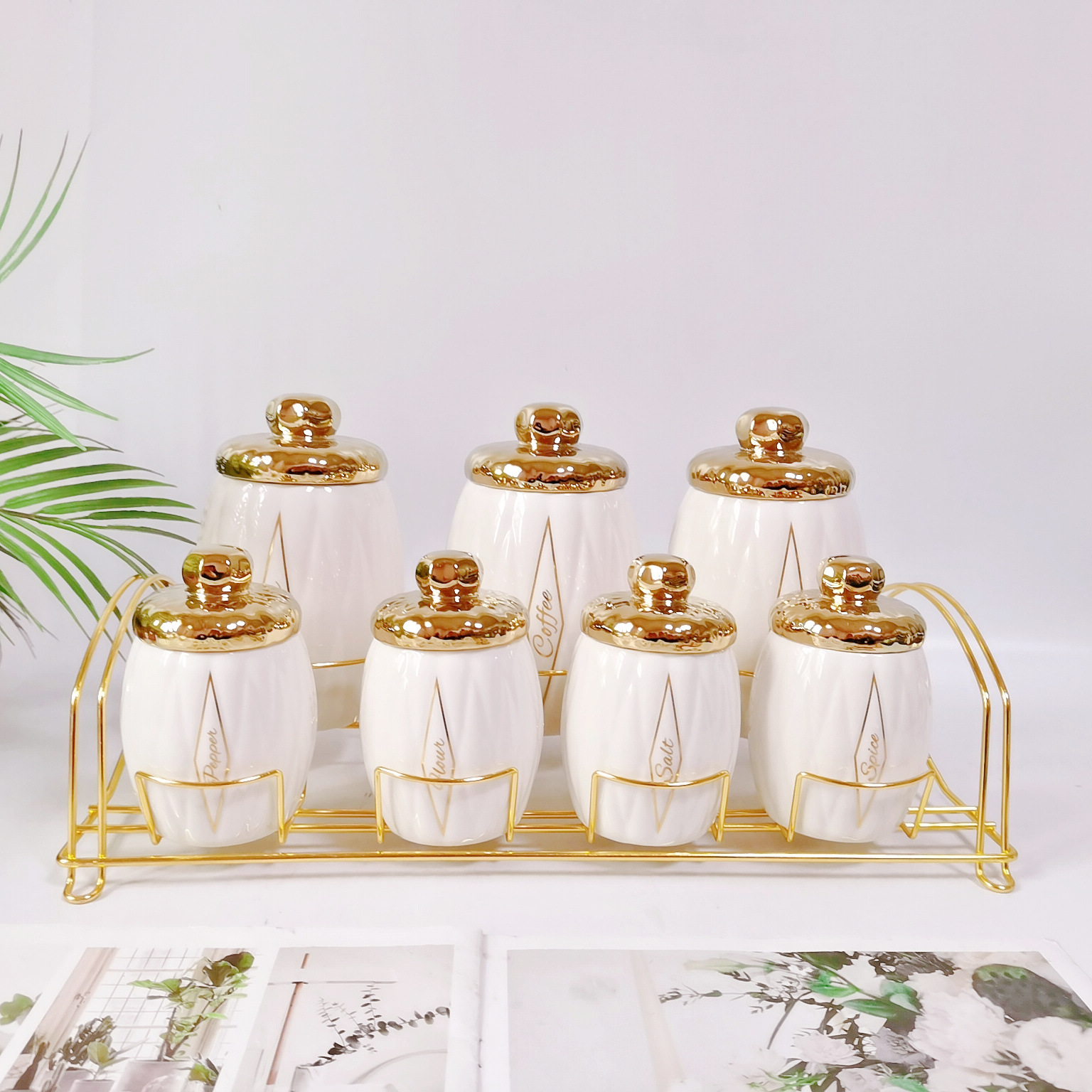 Tarro sellado de cerámica de diamante transfronterizo cubierta chapada en oro Tarro de condimento de 7 piezas Tarro de almacenamiento de cocina Tarro de té de café