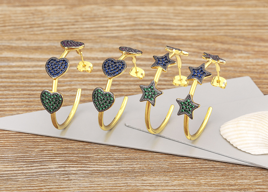 18K Gold Plated Plating Material 1 Pair Casual Simple Style Pentagram Heart Shape Polishing Inlay Copper Zircon 18K Gold Plated Ear Studs
