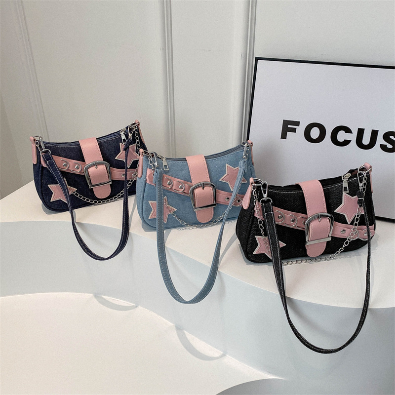 Color de contraste tendencia personalidad chica caliente 2024bags estrella nueva cadena de mezclilla casual bolso de axila de un solo hombro