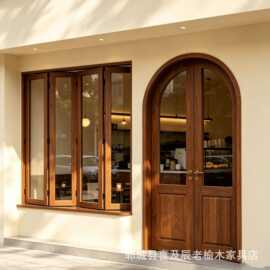 复古风老榆木门窗咖啡甜品店原木拱形入户门窗商铺折叠木质门窗