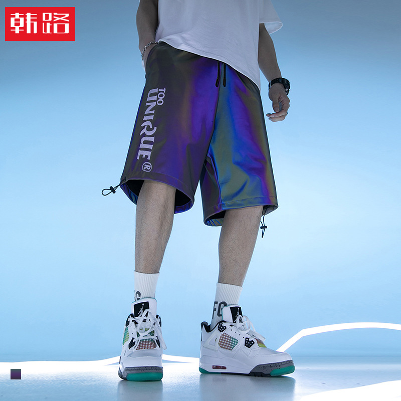 韩路日系男装 2021夏季新款炫彩反光印花短裤男可调节裤脚五分裤|ru