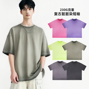 Round Neck Men's T-Shoulder Pure Cotton Short-Sleeved T-Shirt Men's 230g Loose Retro Trendy Brand Washed Old Gradient Color T-Shirt for Men
