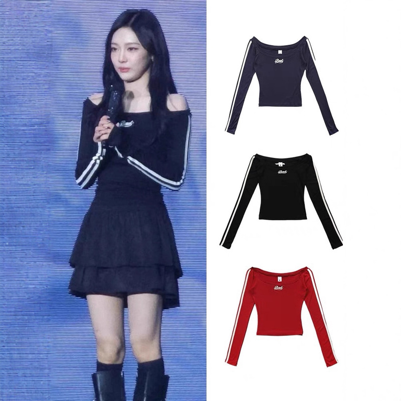 Special Offer: Badblood Korean Ning Yizhuo Style Embroidered Letter Webbing Off-Shoulder Long-Sleeve T-Shirt