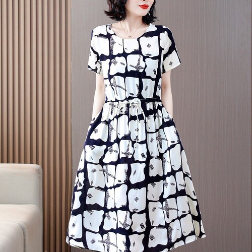 Women's Cotton Silk Dress for Middle-Aged and Elderly, 40-50 Years Old, Mother's Summer Short Sleeve Loose Medium Length Artificial Cotton Skirt