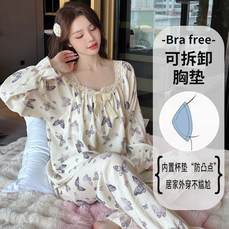 New pajamas women's autumn long sleeve cloud cotton butterfly lace pullover home clothing manufacturers low price cheap supermarket supply