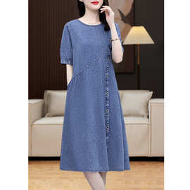 牛仔连衣裙女夏季薄款大码休闲洋气妈妈收腰显瘦时髦遮肚裙子