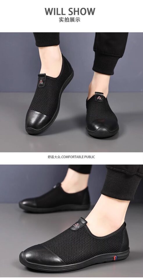 Giày sandal nam lười đế bằng, mũi tròn, thân lưới thoáng khí, phong cách casual — Màu kaki, màu đen chi tiết 13