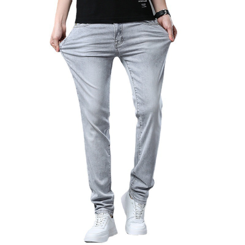 Men's Embroidered Jeans Slim Fit Stretch Denim Trousers, Smoke Grey Vintage Straight Leg Pants For Spring_viptrois.com