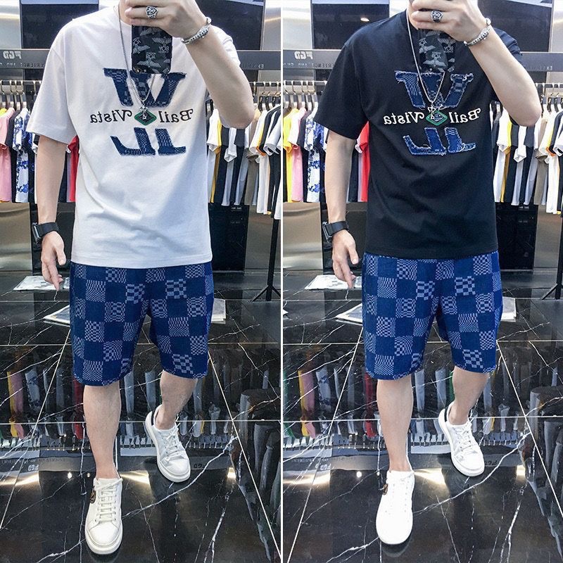 European Style Summer Fashion Casual Men's Pure Cotton Suit, Light Luxury Personalized Print Handsome Men's Top and Shorts Two-Piece Set