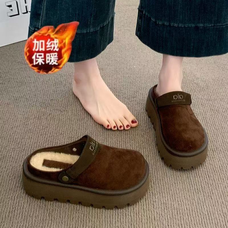 Brand Clearance Genuine Leather Fleece-Lined Closed-Toe Half Slippers for Women, Winter Outdoor Wear, 2026 New Thick-Soled Birkenstock-Style Cotton Slippers, Snow Boots