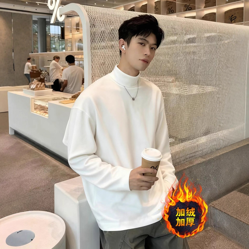 Trendy Solid Color Fleece-Lined Half-High Collar Base Sweatshirt for Men and Teenagers, Fashionable Loose Versatile Base Shirt